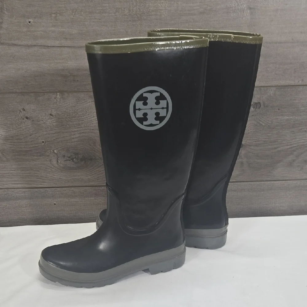 Tory Burch Black/Gray Rain Boots with Logo Sz 9